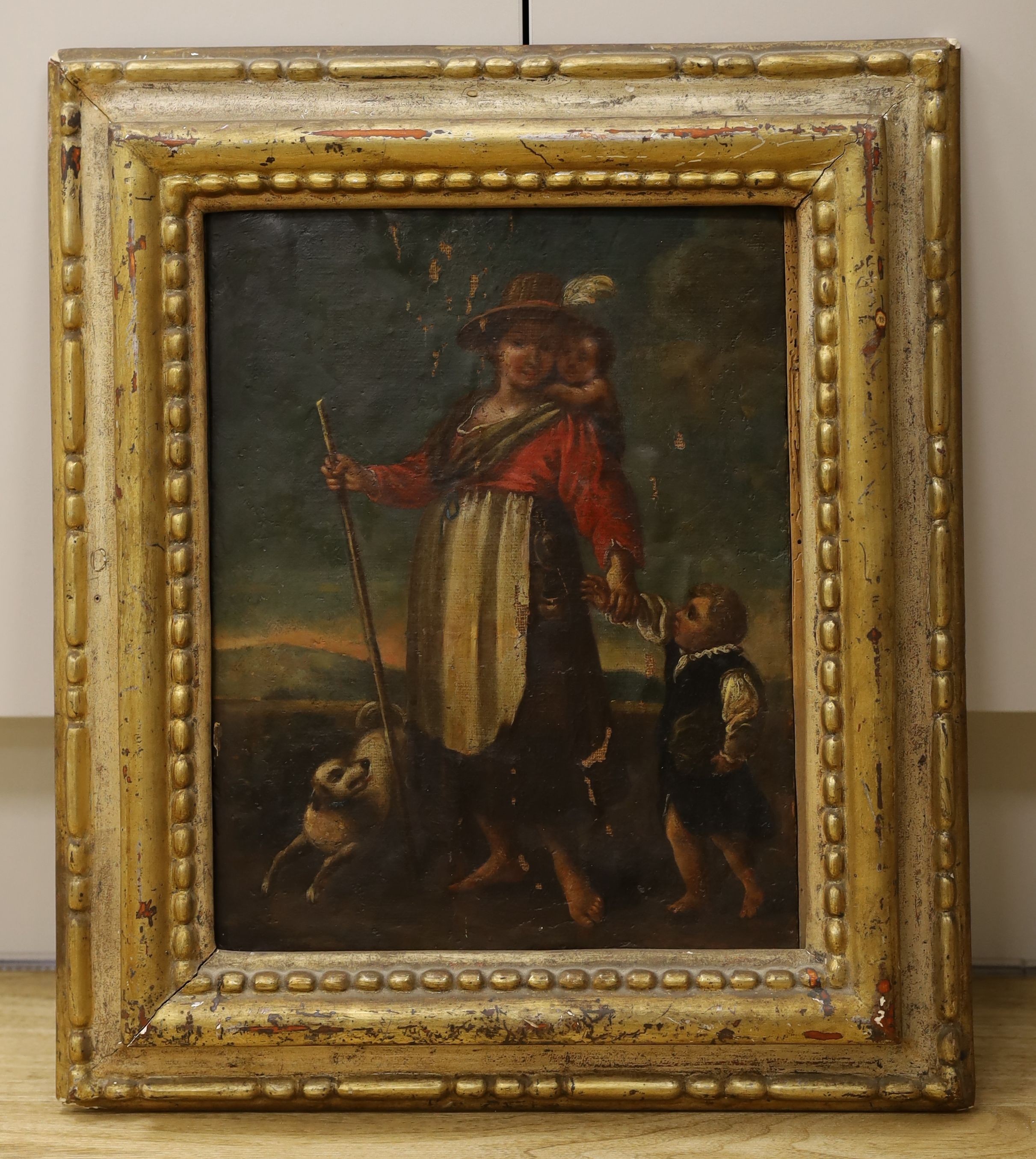 19th century Italian School, oil on canvas, laid on board, Mother and children in a landscape, 32 x 26cm